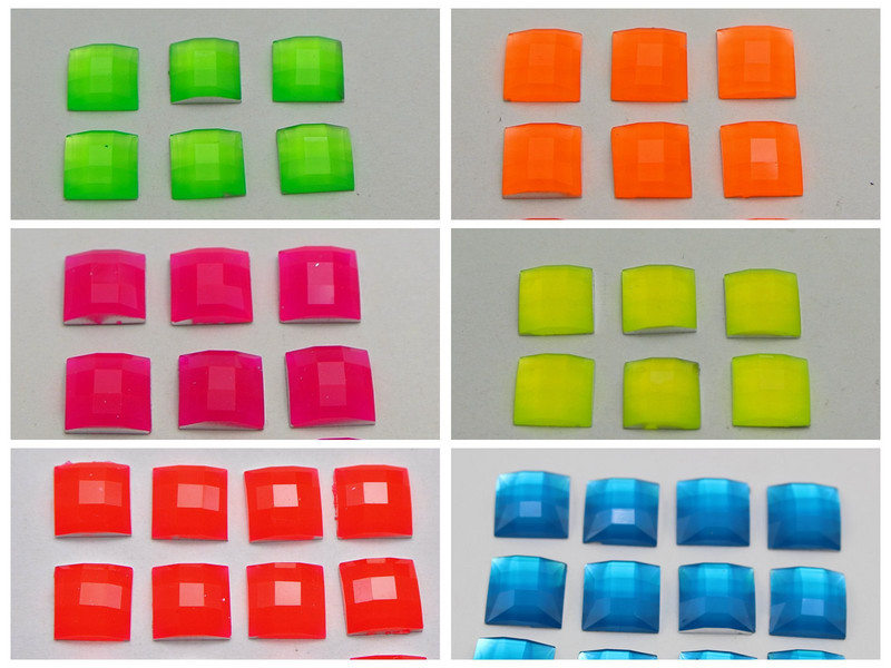 100 Μικτό Νέον Χρώμα Flatback Ακρυλικό Τετράγωνο Πολύτιμοι λίθοι 10X10mm Χωρίς Τρύπα