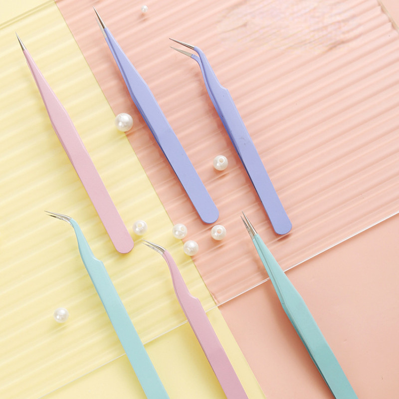 Ανοξείδωτο ατσάλι ίσιο + καμπύλες χρωματιστές λαβίδες για αυτοκόλλητο νυχιών στρας Εργαλείο επιλογής μακιγιάζ βλεφαρίδων DIY τσιμπιδάκι