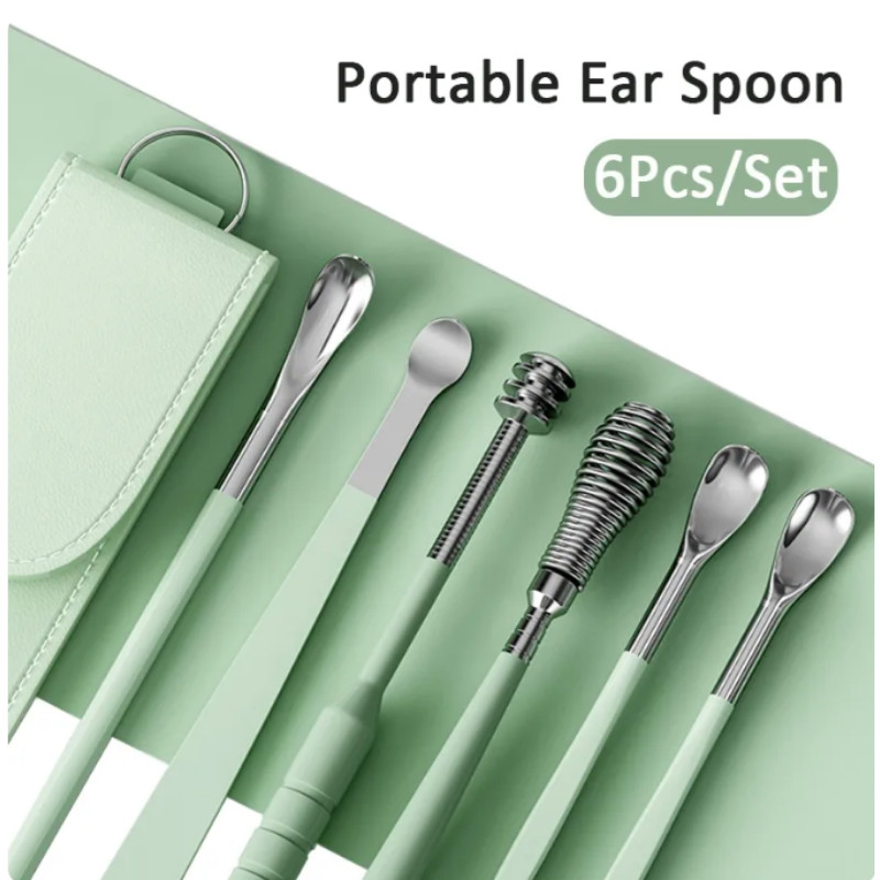 6Pcs/set Spužvice za uho od nehrđajućeg čelika Pickers Earpick Wax Remover Komplet za bušenje ušnog voska Curette Spoon Care Alat za čišćenje uha Čistač ušiju
