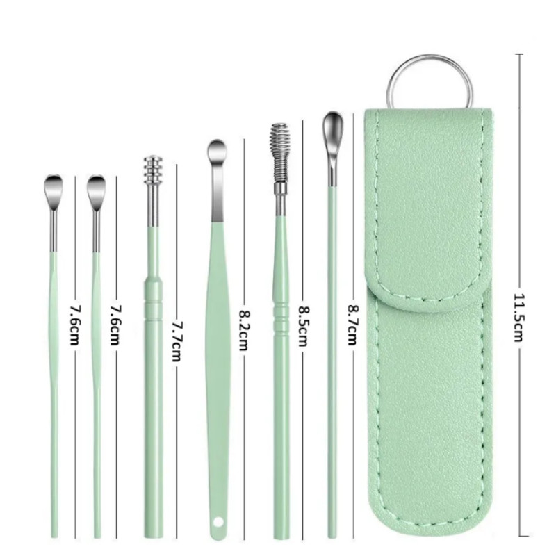 6Pcs/set Spužvice za uho od nehrđajućeg čelika Pickers Earpick Wax Remover Komplet za bušenje ušnog voska Curette Spoon Care Alat za čišćenje uha Čistač ušiju