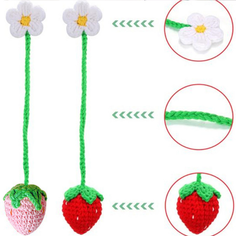 Decor de mașină cu fructe de căpșuni super drăguță, croșetat, roșu/roz, cu căpșuni, agățat pentru adolescenți, oglindă retrovizoare pentru interior