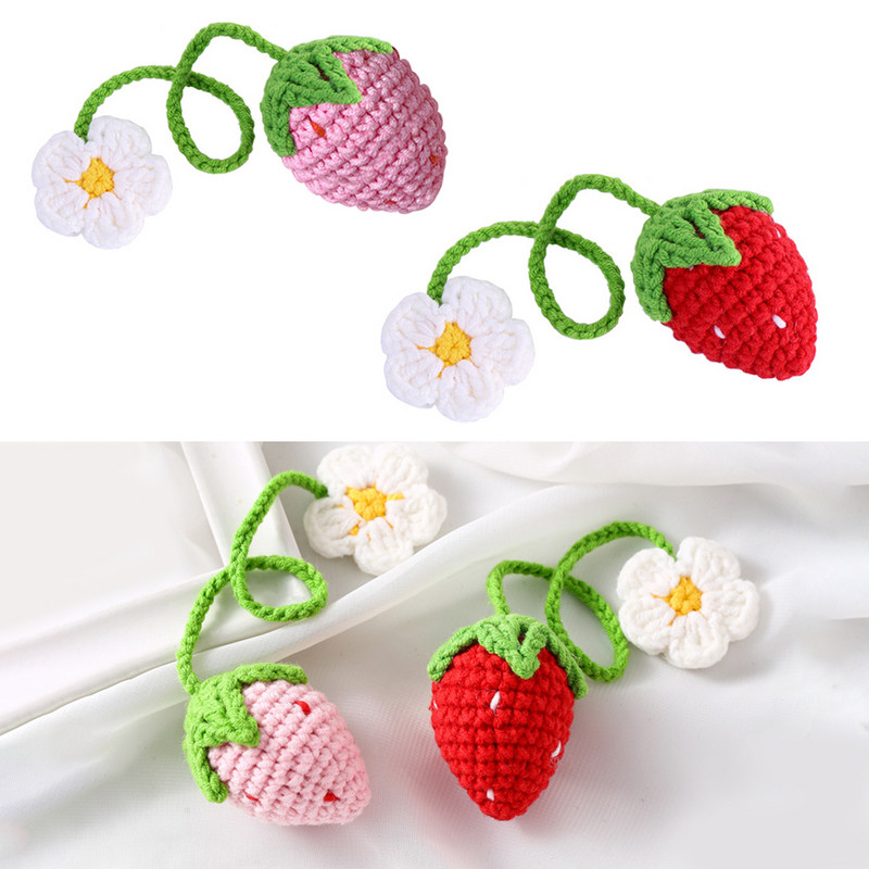 Decor de mașină cu fructe de căpșuni super drăguță, croșetat, roșu/roz, cu căpșuni, agățat pentru adolescenți, oglindă retrovizoare pentru interior