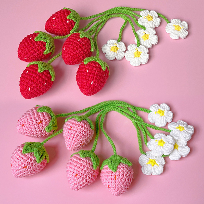 Decor de mașină cu fructe de căpșuni super drăguță, croșetat, roșu/roz, cu căpșuni, agățat pentru adolescenți, oglindă retrovizoare pentru interior