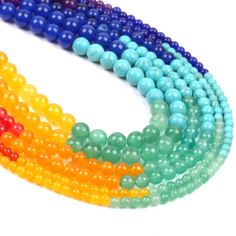 Spalvingos 7 čakros natūralaus apvalaus akmens karoliukai raudoni purpuriniai palaidi karoliukai papuošalams gaminti „pasidaryk pats“ karoliai apyrankės priedai 4 6 8 mm