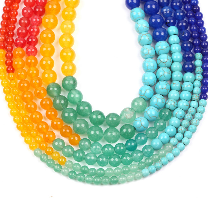 Spalvingos 7 čakros natūralaus apvalaus akmens karoliukai raudoni purpuriniai palaidi karoliukai papuošalams gaminti „pasidaryk pats“ karoliai apyrankės priedai 4 6 8 mm