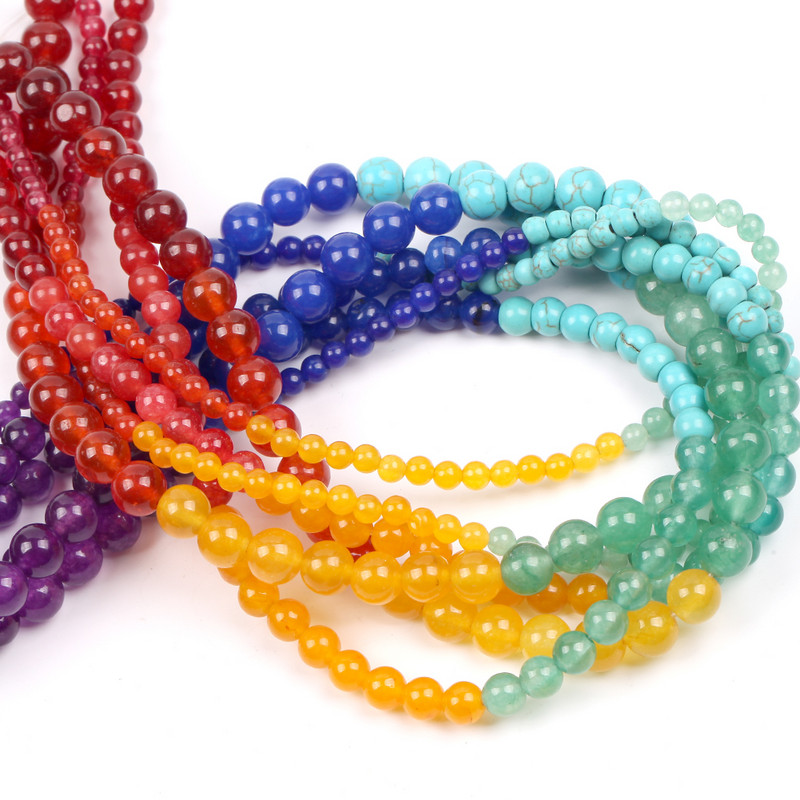 Spalvingos 7 čakros natūralaus apvalaus akmens karoliukai raudoni purpuriniai palaidi karoliukai papuošalams gaminti „pasidaryk pats“ karoliai apyrankės priedai 4 6 8 mm