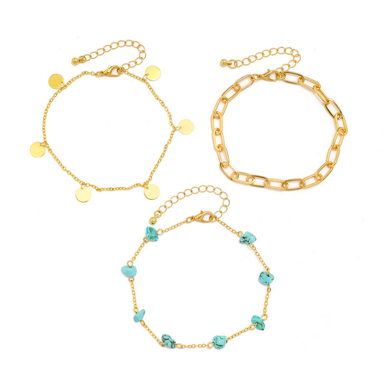 3 τμχ/Σετ Boho Πράσινη Φυσική Πέτρα με Λεπτή Αλυσίδα Γυναικεία Σανδάλια Ξυπόλητο γούρι Βραχιόλι στον αστράγαλο Τετ Καλοκαίρι Αξεσουάρ παραλίας