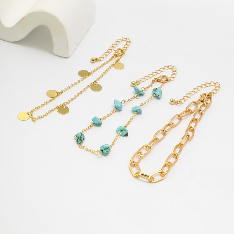 3 τμχ/Σετ Boho Πράσινη Φυσική Πέτρα με Λεπτή Αλυσίδα Γυναικεία Σανδάλια Ξυπόλητο γούρι Βραχιόλι στον αστράγαλο Τετ Καλοκαίρι Αξεσουάρ παραλίας