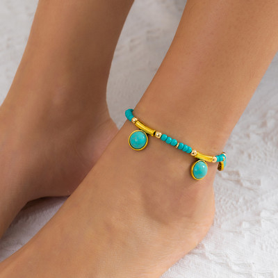 Ingemark Boho Blue Seed Bead Chain Anklet за жени Летни плажни сандали Barefoot монета висулка Гривна на крака Wed Аксесоари