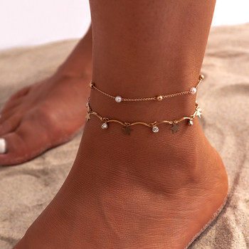 Boho имитация на перли крак верига глезена гривна за жени лято пискюл звезда кристална топка висулка глезена сандал бос бижута