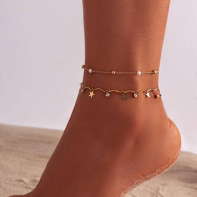 Boho имитация на перли крак верига глезена гривна за жени лято пискюл звезда кристална топка висулка глезена сандал бос бижута