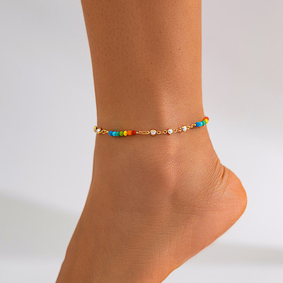 Ingemark Bohemian Colorful Crystal Beaded Anklet for Women Summer Beach Simple Imitation Pearl Chain Ankle Barefoot Y2K Jewelry