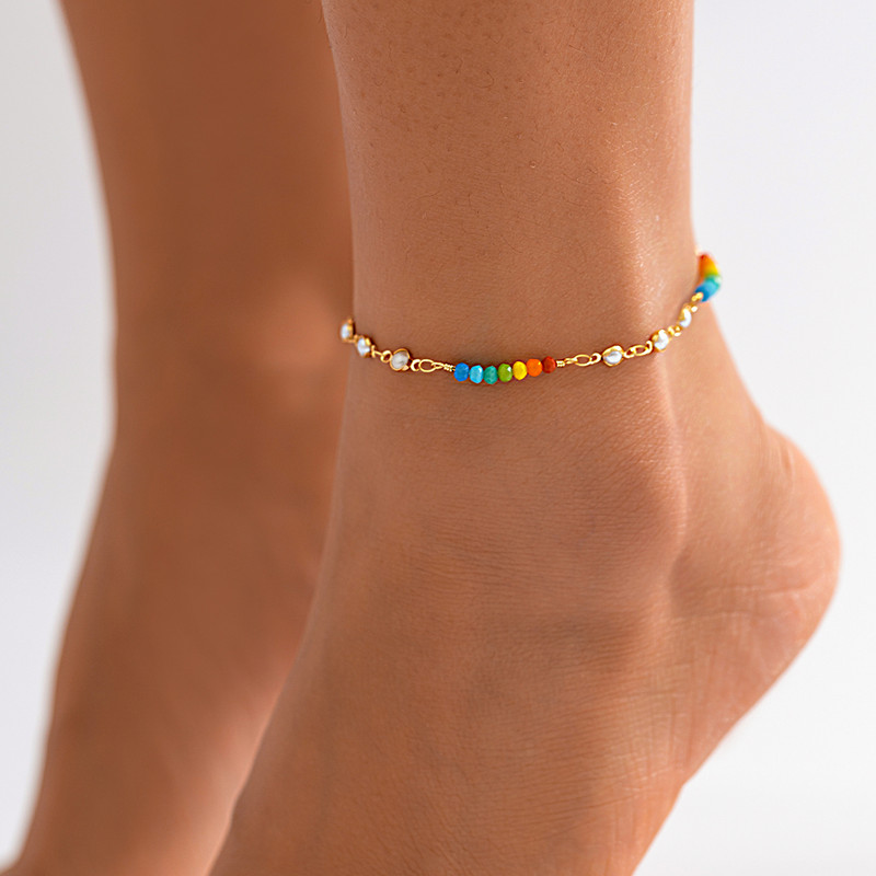 Ingemark Bohemian πολύχρωμο κρύσταλλο ποδαράκι με χάντρες για γυναίκες Summer Beach Απλή απομίμηση με μαργαριταρένια αλυσίδα στον αστράγαλο Barefoot Y2K Κοσμήματα