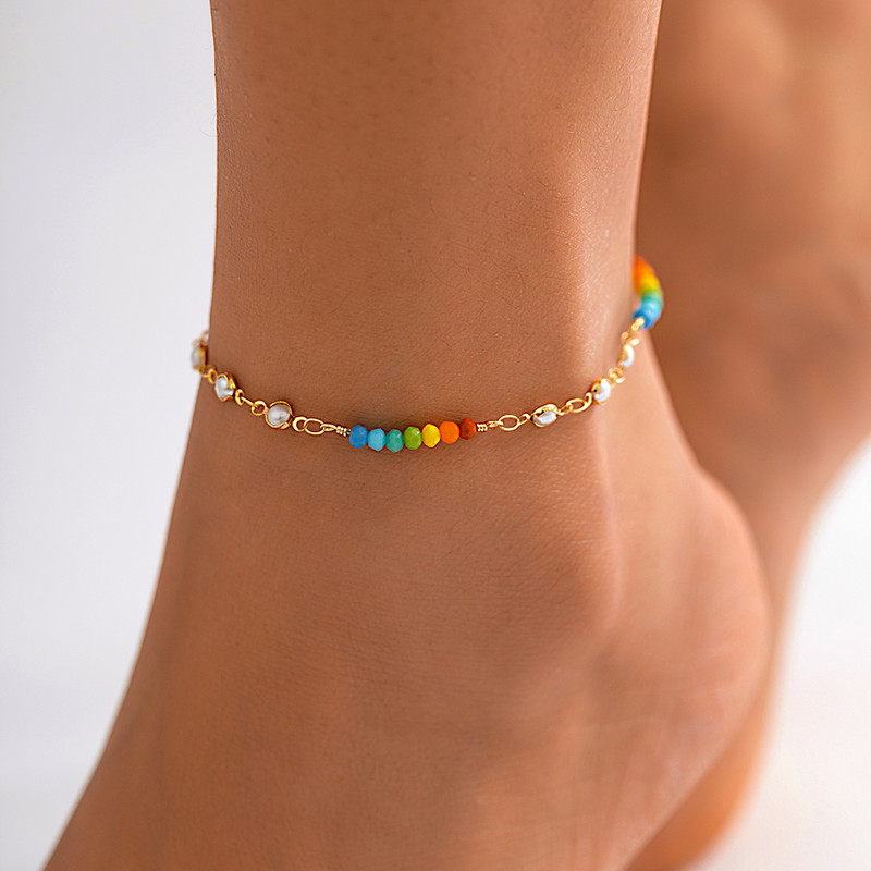 Ingemark Bohemian πολύχρωμο κρύσταλλο ποδαράκι με χάντρες για γυναίκες Summer Beach Απλή απομίμηση με μαργαριταρένια αλυσίδα στον αστράγαλο Barefoot Y2K Κοσμήματα