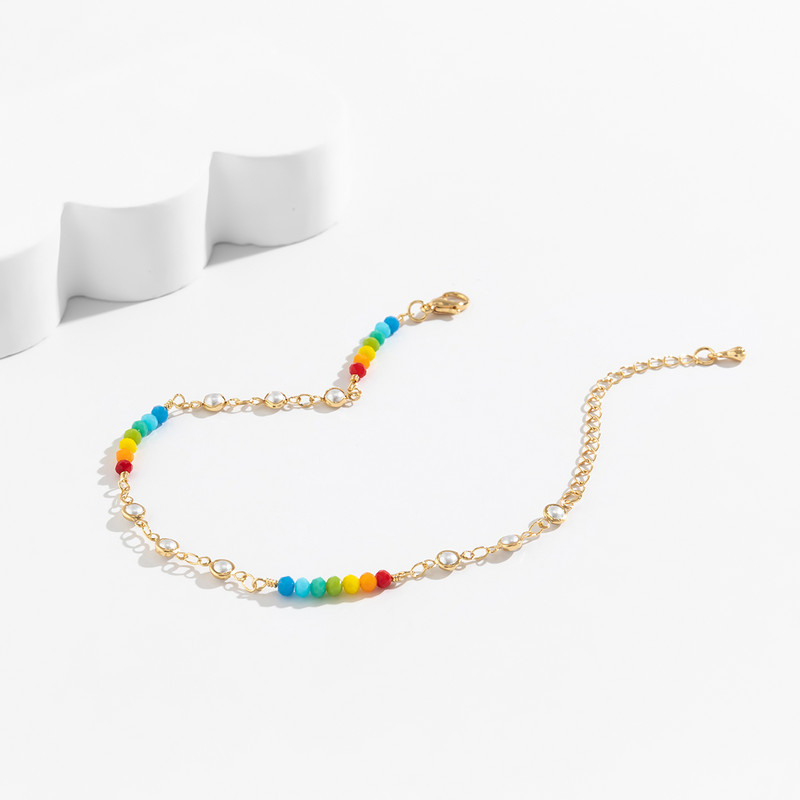 Ingemark Bohemian πολύχρωμο κρύσταλλο ποδαράκι με χάντρες για γυναίκες Summer Beach Απλή απομίμηση με μαργαριταρένια αλυσίδα στον αστράγαλο Barefoot Y2K Κοσμήματα