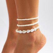 Boho Multilayer Imitation Pearl Chain Anklet για Γυναικεία Γυναικεία ψηλοτάκουνα βραχιόλι στον αστράγαλο Barefoot sandals Summer Foot Jewelry