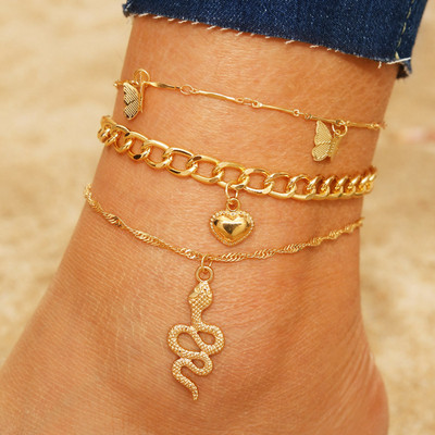 IFKM Bohemia Gold Color Love Snake Ankle Bracelet Set For Women Butterfly Charm Anklet Chain On Leg Boho Jewelry Gift 2023