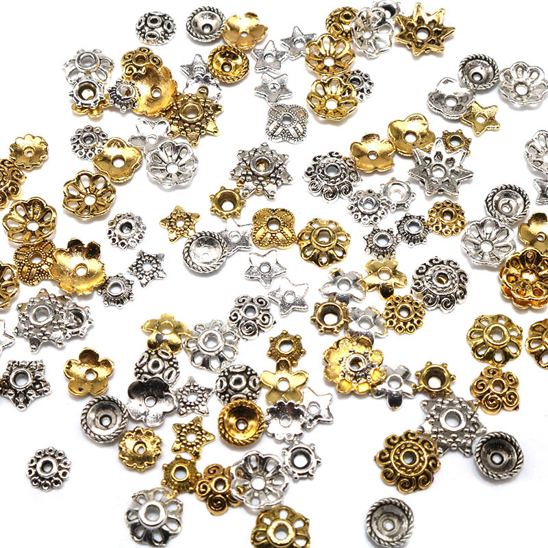 100/200 tk Väike segasuurus Tiibeti antiikhõbedavärvilised helmed mütsid, lillehelmeste mütsid, näputöö isetegemise tarvikud otsakatted