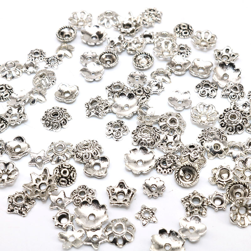 100/200 tk Väike segasuurus Tiibeti antiikhõbedavärvilised helmed mütsid, lillehelmeste mütsid, näputöö isetegemise tarvikud otsakatted