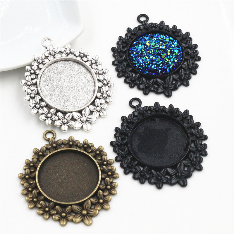 5 tk 25 mm sisemõõt antiikne hõbedaga kaetud pronksi ja mustade lilledega stiilis kabošoni alus, seade amulettide ripats