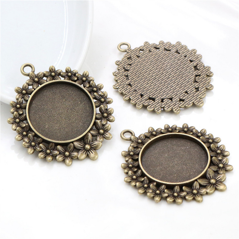 5 tk 25 mm sisemõõt antiikne hõbedaga kaetud pronksi ja mustade lilledega stiilis kabošoni alus, seade amulettide ripats