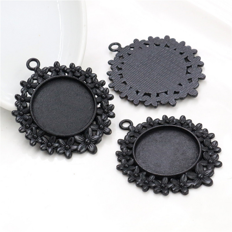 5 tk 25 mm sisemõõt antiikne hõbedaga kaetud pronksi ja mustade lilledega stiilis kabošoni alus, seade amulettide ripats
