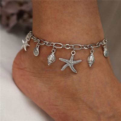 Винтидж летни морски звезди гривни за глезена за жени Сребърни цветни черупки Conch Charm Boho Glezen Veriga на крака Боси бижута