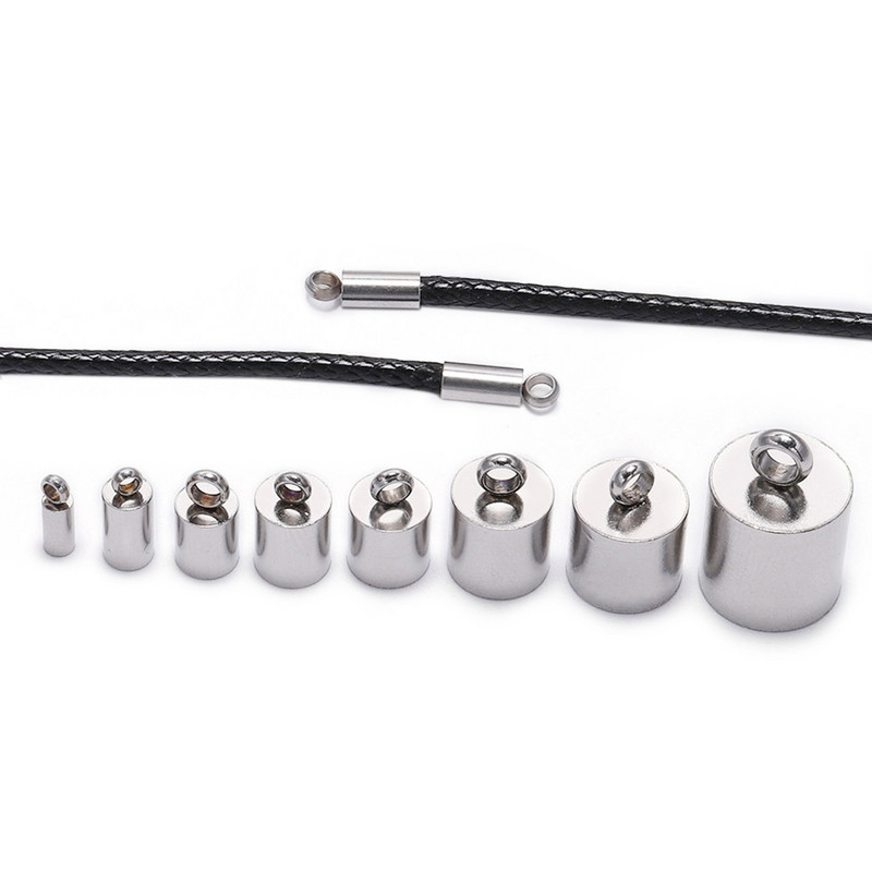 10 tk/partii roostevabast terasest otsakork, mis sobib 1,5–10 mm tutiga nahast nööri otsakorkiga käevõru ehete valmistamise tarvikute jaoks