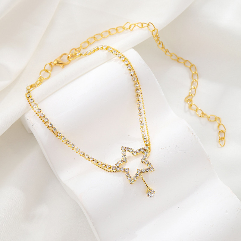 Luksuzna dvoslojna narukvica s gležnjačama od kamenčića, sjajna izdubljena zvjezdasta lančić za noge za žene, ljetni dodaci za nakit za plažu