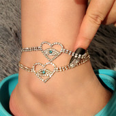 Charm Hollow Love Rhinestone Golden Anklets for Women Love Demon's Eye Foot Chain Bling Beach Jewelry Accessories