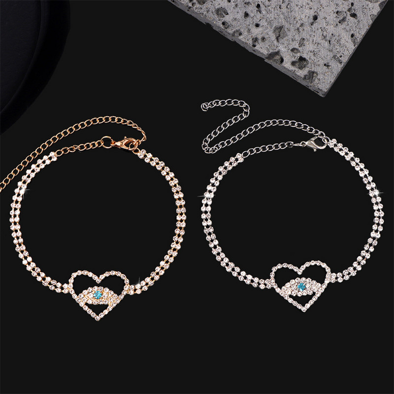 Charm Hollow Love Rhinestone Golden Anklets for Women Love Demon's Eye Foot Chain Bling Beach Jewelry Accessories
