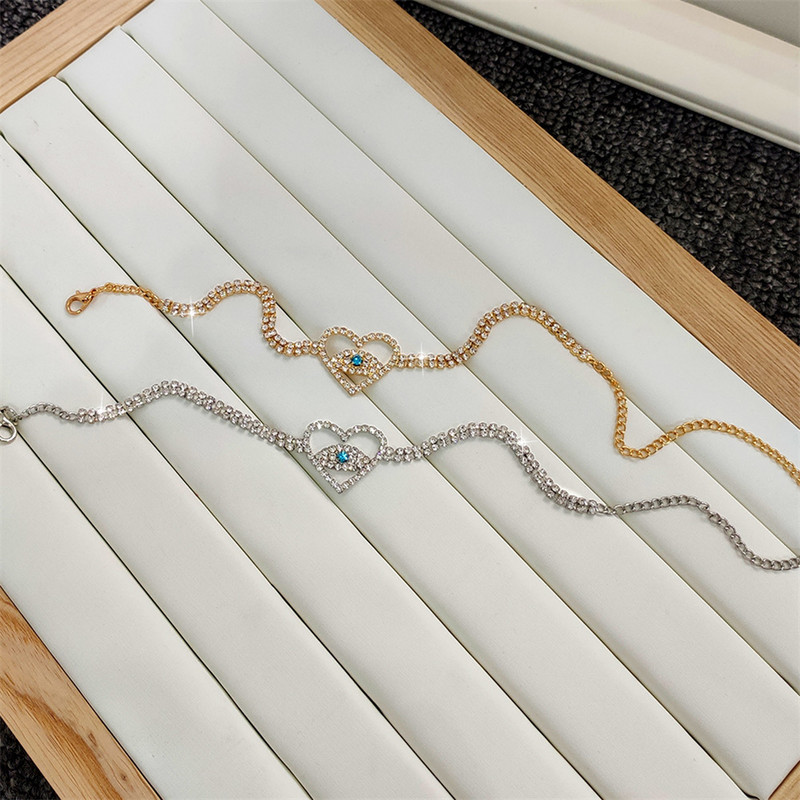 Charm Hollow Love Rhinestone Golden Anklets for Women Love Demon's Eye Foot Chain Bling Beach Jewelry Accessories