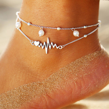 Модна метална висулка Heartbeat Гривна за глезена за жени Перлена верига за крака Летни плажни бижута Аксесоари
