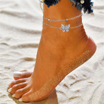 Гривна за глезени с издълбани кристали и пеперуди за жени Двуслойна верига за крака Летни плажни бижута Аксесоари