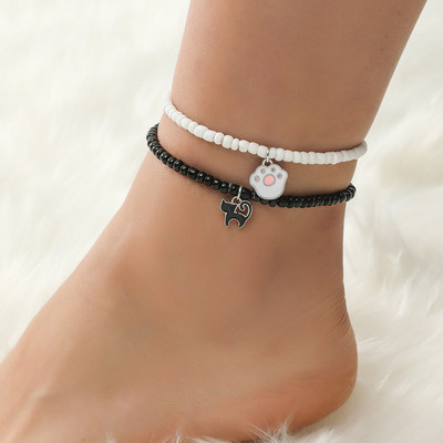 2 τεμαχίων/σετ Ακρυλικό Σετ Anklet Paw Animal Lovely Cat Simple Print Αλυσίδα ποδιών με χάντρες Καλοκαιρινή παραλία ξυπόλυτος αστραγάλος Γυναικεία στο πόδι