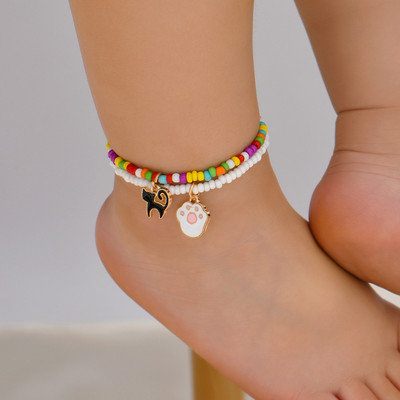 2 τεμαχίων/σετ Ακρυλικό Σετ Anklet Paw Animal Lovely Cat Simple Print Αλυσίδα ποδιών με χάντρες Καλοκαιρινή παραλία ξυπόλυτος αστραγάλος Γυναικεία στο πόδι