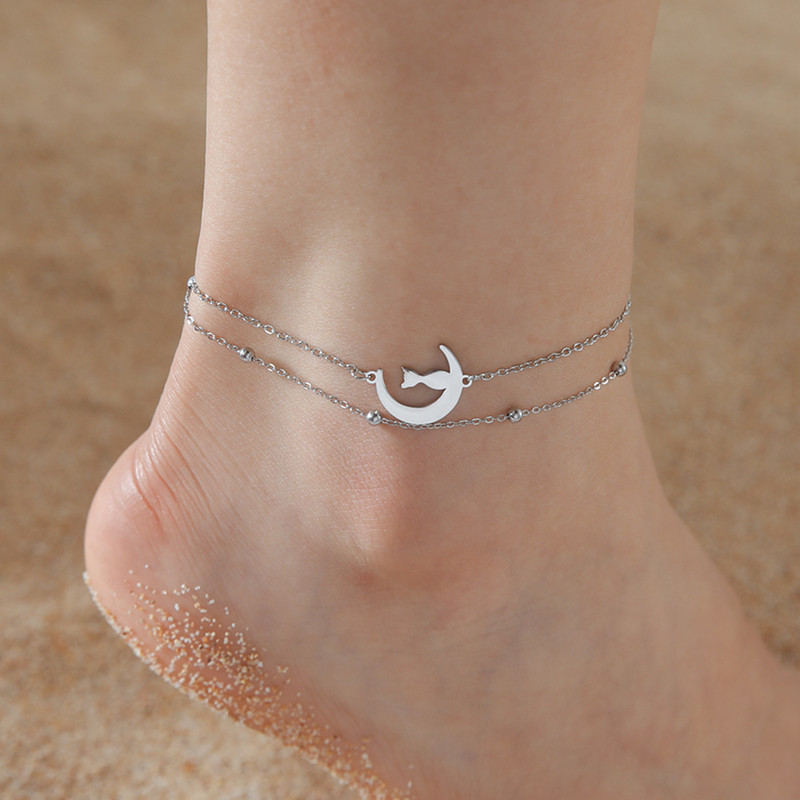 Lucktune χαριτωμένο κρεμαστό ποδαράκι γάτας Γυναικεία ανοξείδωτα ατσάλι Moon Cat Αλυσίδα ποδιών ζώων Μόδα Καλοκαιρινή κοσμήματα παραλίας Δώρο ζευγάρι