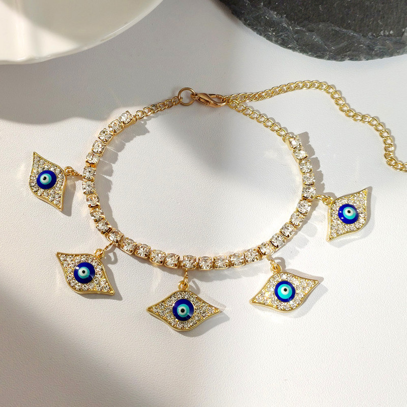 Särav kristallist tennisekett Evil Eye jalavõrud naistele Ice Out Rhinestone lülikett Blue Turkey Lucky Eye jalavõru Hip Hop ehted