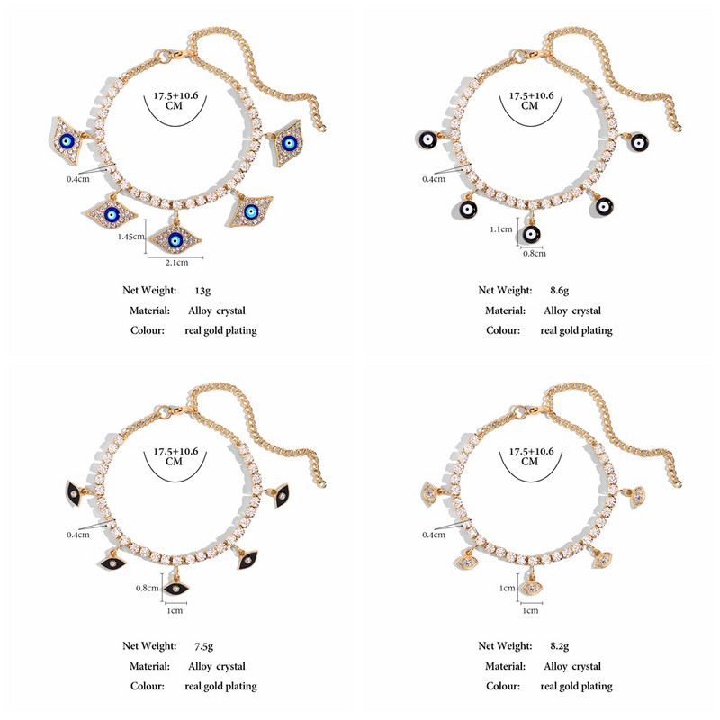 Särav kristallist tennisekett Evil Eye jalavõrud naistele Ice Out Rhinestone lülikett Blue Turkey Lucky Eye jalavõru Hip Hop ehted