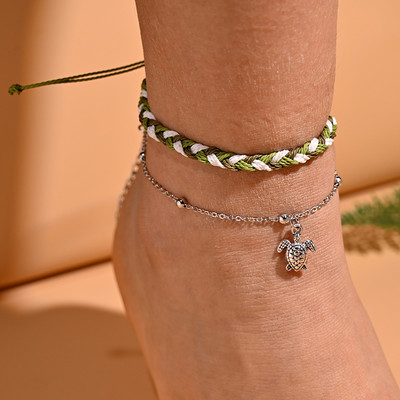 2 vnt. / Lot Vėžlio kulkšnių rinkinys moterims Rankų darbo vaškinė virvė Bohemiška kulkšnies apyrankė Kojos pėdų grandinė Draugystė Vasaros paplūdimio papuošalai