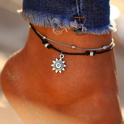 Μόδα Sun Star Anklets Βραχιόλι Γυναικείο κρεμαστό κόσμημα Boho Διπλή στρώση Anklet Bohemian Beach Summer Foot Jewelry Gift Drop Shipping
