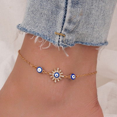 Γυαλιστερό Crystal Blue Evil Eyes Anklet Γυναικείο Χρυσό Χρώμα Rhinestone Sun Cross Ποδιών Βραχιόλια Βραχιόλια Γυναικεία κοσμήματα γάμου