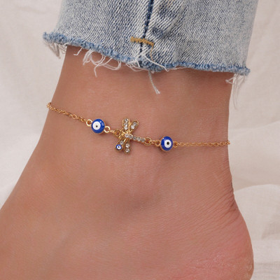 Γυαλιστερό Crystal Blue Evil Eyes Anklet Γυναικείο Χρυσό Χρώμα Rhinestone Sun Cross Ποδιών Βραχιόλια Βραχιόλια Γυναικεία κοσμήματα γάμου