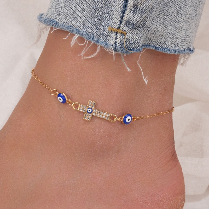Γυαλιστερό Crystal Blue Evil Eyes Anklet Γυναικείο Χρυσό Χρώμα Rhinestone Sun Cross Ποδιών Βραχιόλια Βραχιόλια Γυναικεία κοσμήματα γάμου