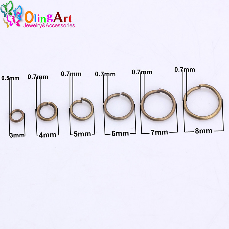 Επιμετάλλωση μπρούτζου OlingArt Δαχτυλίδι άλματος 3mm/4mm/5mm/6mm/7mm/8mm βρόχος σύνδεσης Μικτό μέγεθος DIY Κοσμήματα Σύνδεσμος Διάμετρος σύρματος 0,7mm