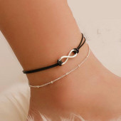 lx136 Fashion Vintage Simple Alloy 8 Word Μαύρο δερμάτινο σχοινί στρογγυλές χάντρες Anklet Γυναικεία σανδάλια παραλίας Αξεσουάρ κοσμήματα