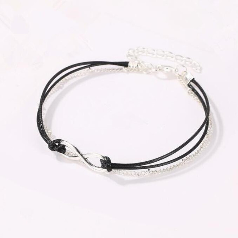 lx136 Fashion Vintage Simple Alloy 8 Word Μαύρο δερμάτινο σχοινί στρογγυλές χάντρες Anklet Γυναικεία σανδάλια παραλίας Αξεσουάρ κοσμήματα