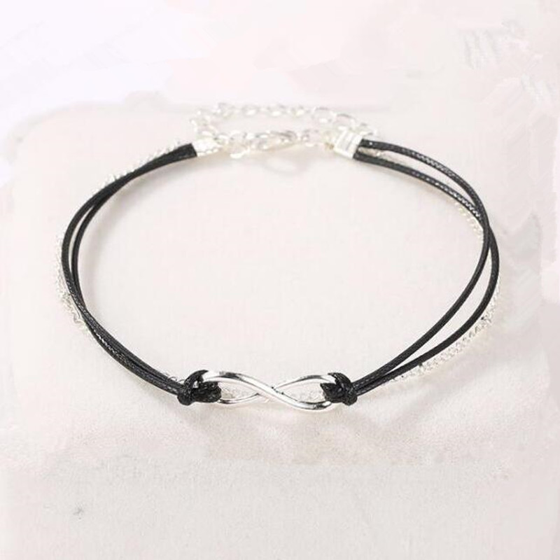 lx136 Fashion Vintage Simple Alloy 8 Word Μαύρο δερμάτινο σχοινί στρογγυλές χάντρες Anklet Γυναικεία σανδάλια παραλίας Αξεσουάρ κοσμήματα