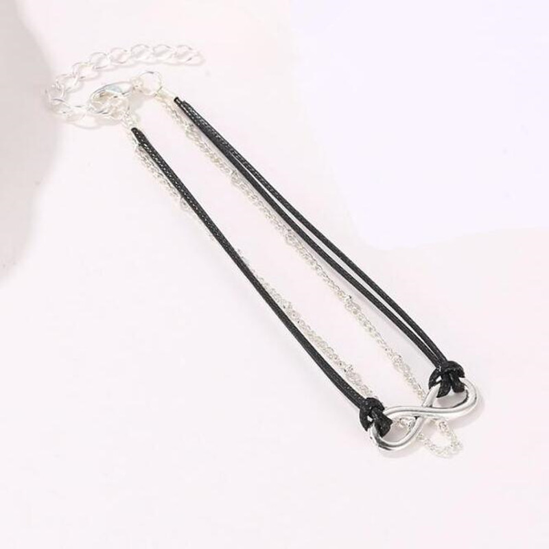 lx136 Fashion Vintage Simple Alloy 8 Word Μαύρο δερμάτινο σχοινί στρογγυλές χάντρες Anklet Γυναικεία σανδάλια παραλίας Αξεσουάρ κοσμήματα