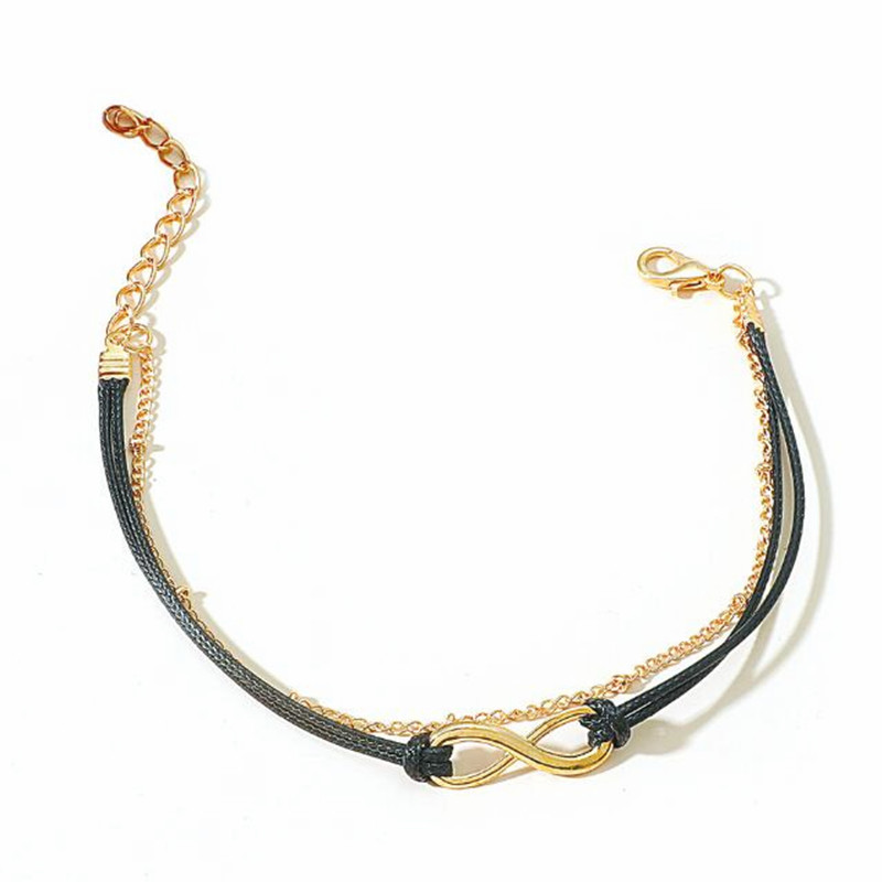 lx136 Fashion Vintage Simple Alloy 8 Word Μαύρο δερμάτινο σχοινί στρογγυλές χάντρες Anklet Γυναικεία σανδάλια παραλίας Αξεσουάρ κοσμήματα